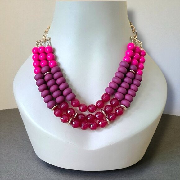 Chicos Womens Necklace Red Pink Gold Beaded Triple Strand Statement Preppy Boho - Picture 1 of 13